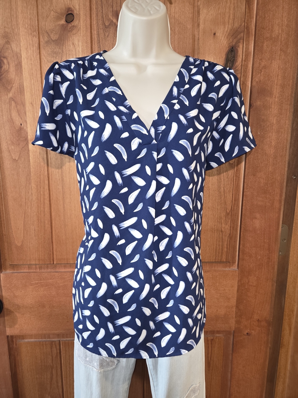 Women's Navy Blue Printed V-Neck Blouse